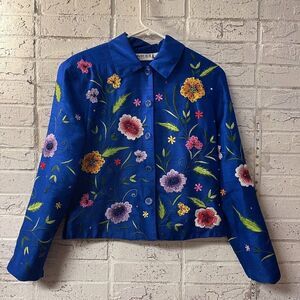 Tunique Nights Embroidered Floral Silk Jacket Blazer Small